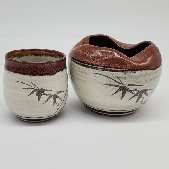 Hand Carved Bowl & Cup Signed Japanese Takahashi Handcrafted Ceramic Bamboo - Picture 5 of 9